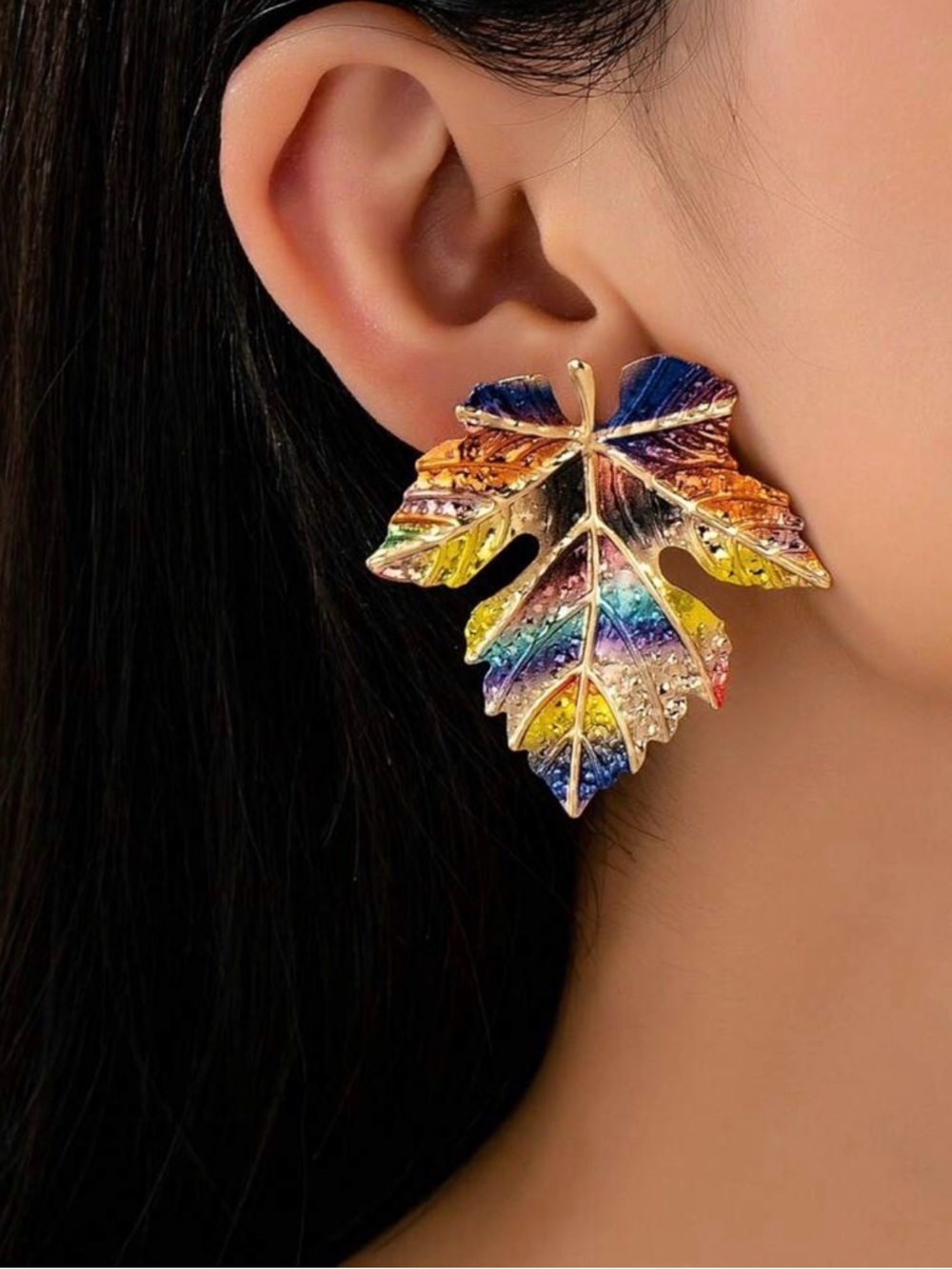 Gold Tone Multicolor Leaf Statement Earrings - Women Jewelry